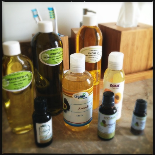 A collection of oils as I begin my first ever attempt at making some homemade skincare products